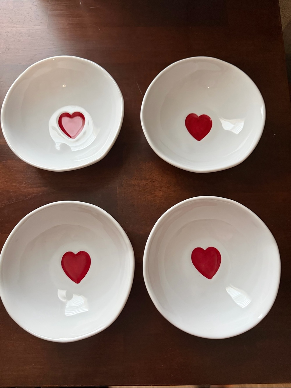 William Sonoma White Ceramic Dessert Bowls with Red Heart Accent - Set of 4